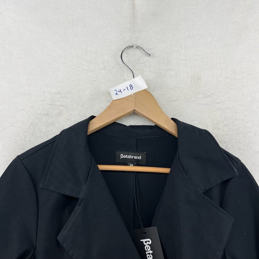 Betabrand Duster Trench Coat Womens M Black Wrap Style Belt Tie 3/4 Sleeves USA - Picture 13 of 13